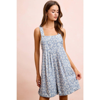 WASHED TWILL FLOWER PRINTED SHORTALL WITH POCKETS: DENIM