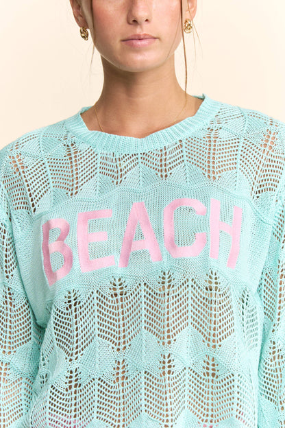 PEARL STONE BEACH LETTERING CROCHET SWEATER TOP: AQUA BLUE