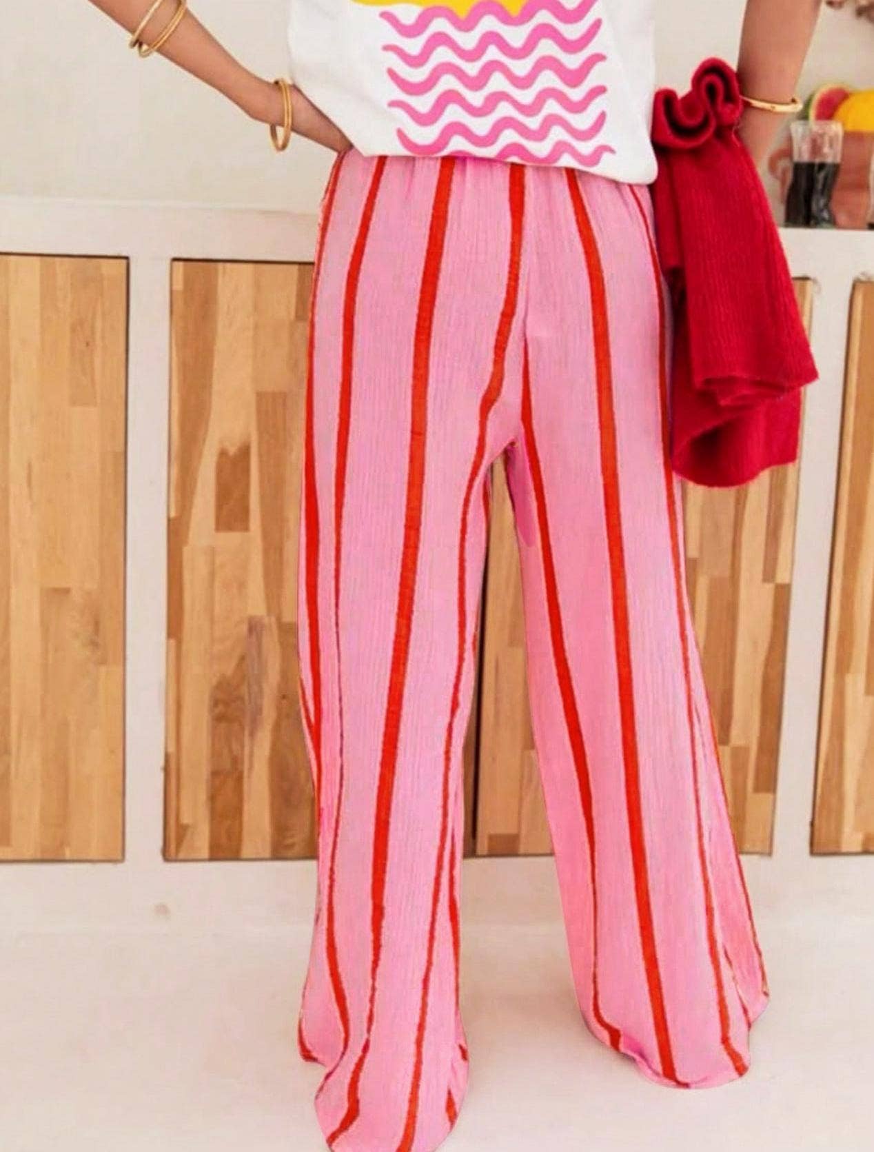 Vacation Texture Color Block Striped Wide Leg Pants: Pink