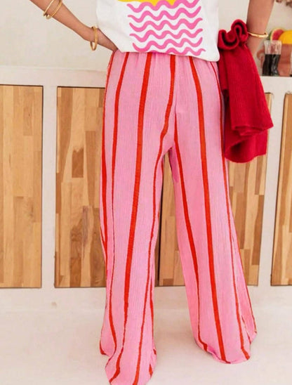 Vacation Texture Color Block Striped Wide Leg Pants: Pink