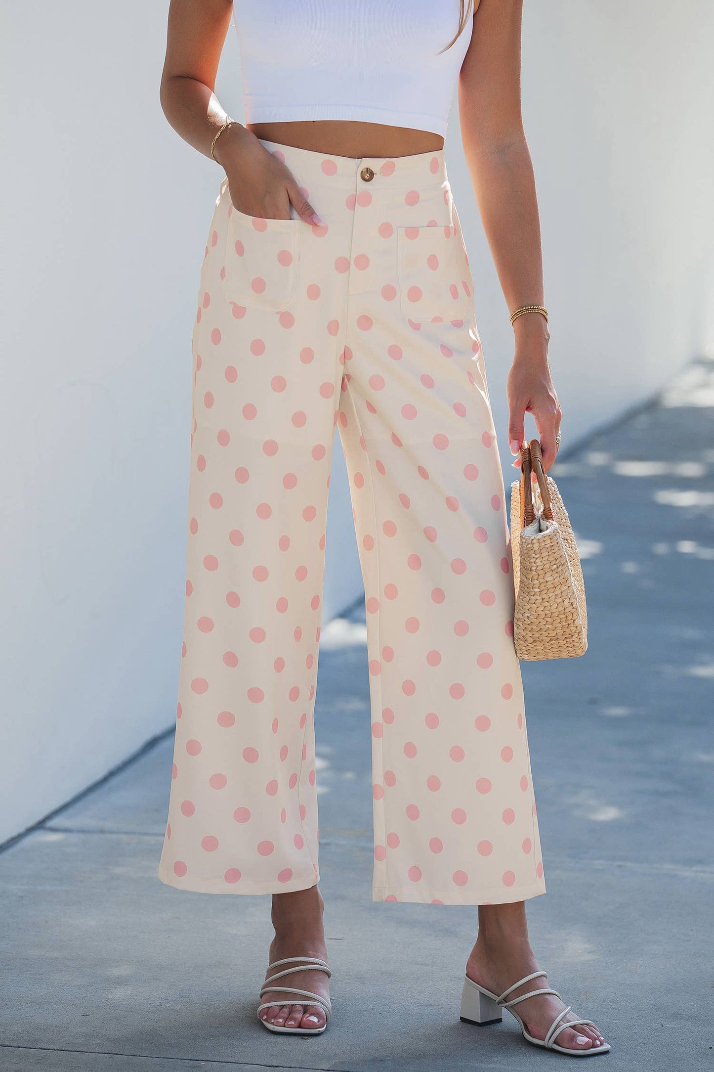 Polka Dot Print Patched Pocket Loose Pants: White