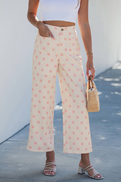 Polka Dot Print Patched Pocket Loose Pants: White