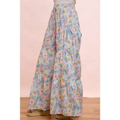 FLORAL PRINTED TIERED FLARE WOVEN PANTS: LT BLUE