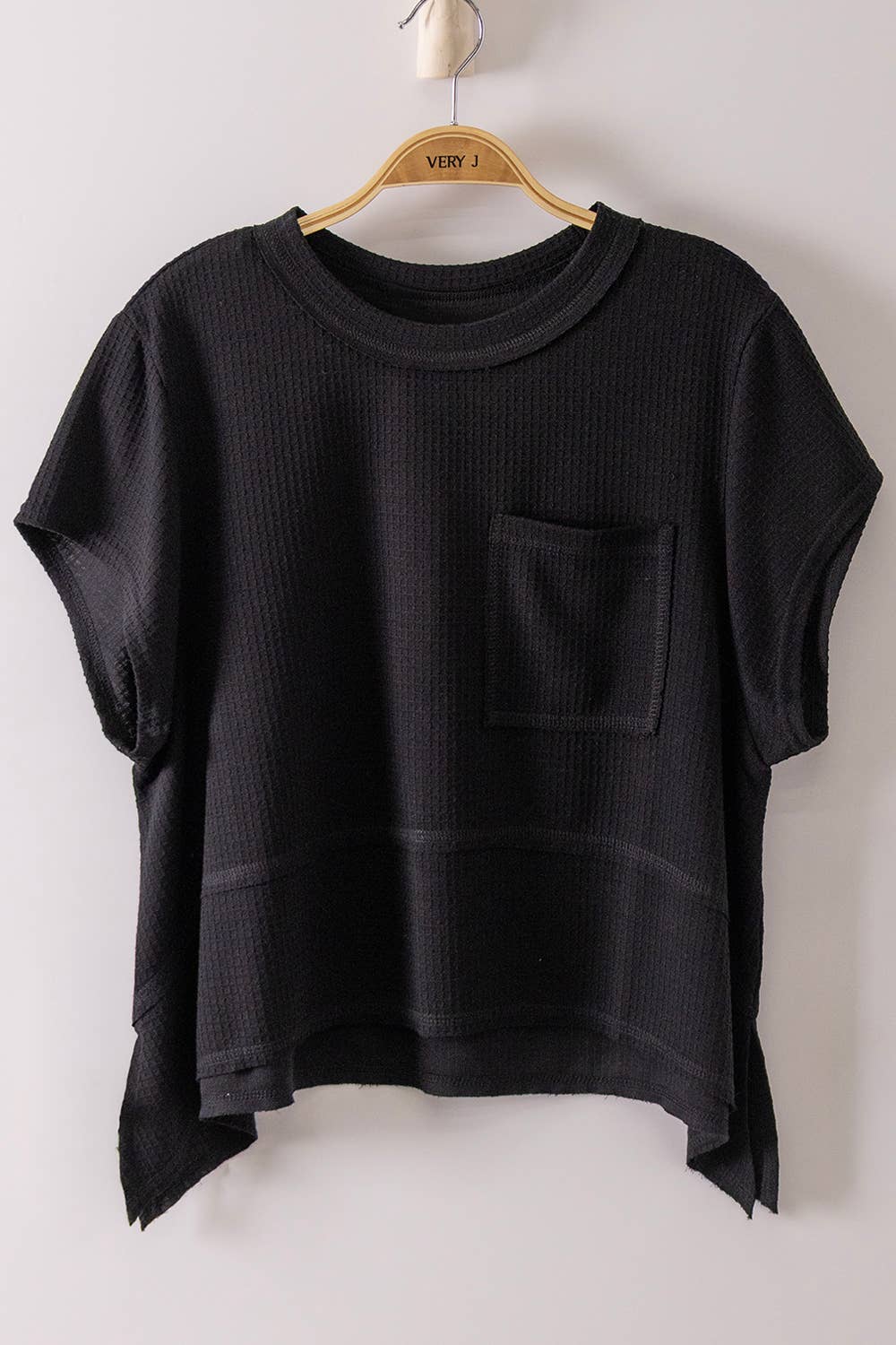 NT12641-Flared Hem Waffle Knit Casual Top: BLACK / S-M-L/2-2-2