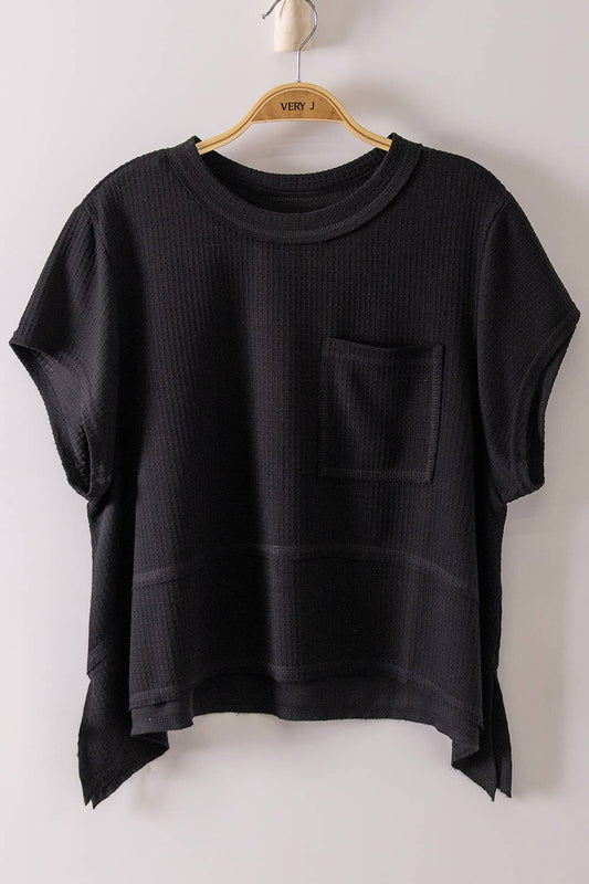 NT12641-Flared Hem Waffle Knit Casual Top: BLACK / S-M-L/2-2-2
