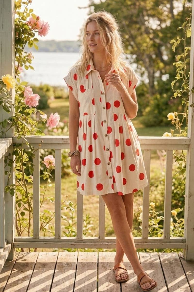 Polka Dot Button Down Pleated Poplin Mini Dress: CREAM/RED