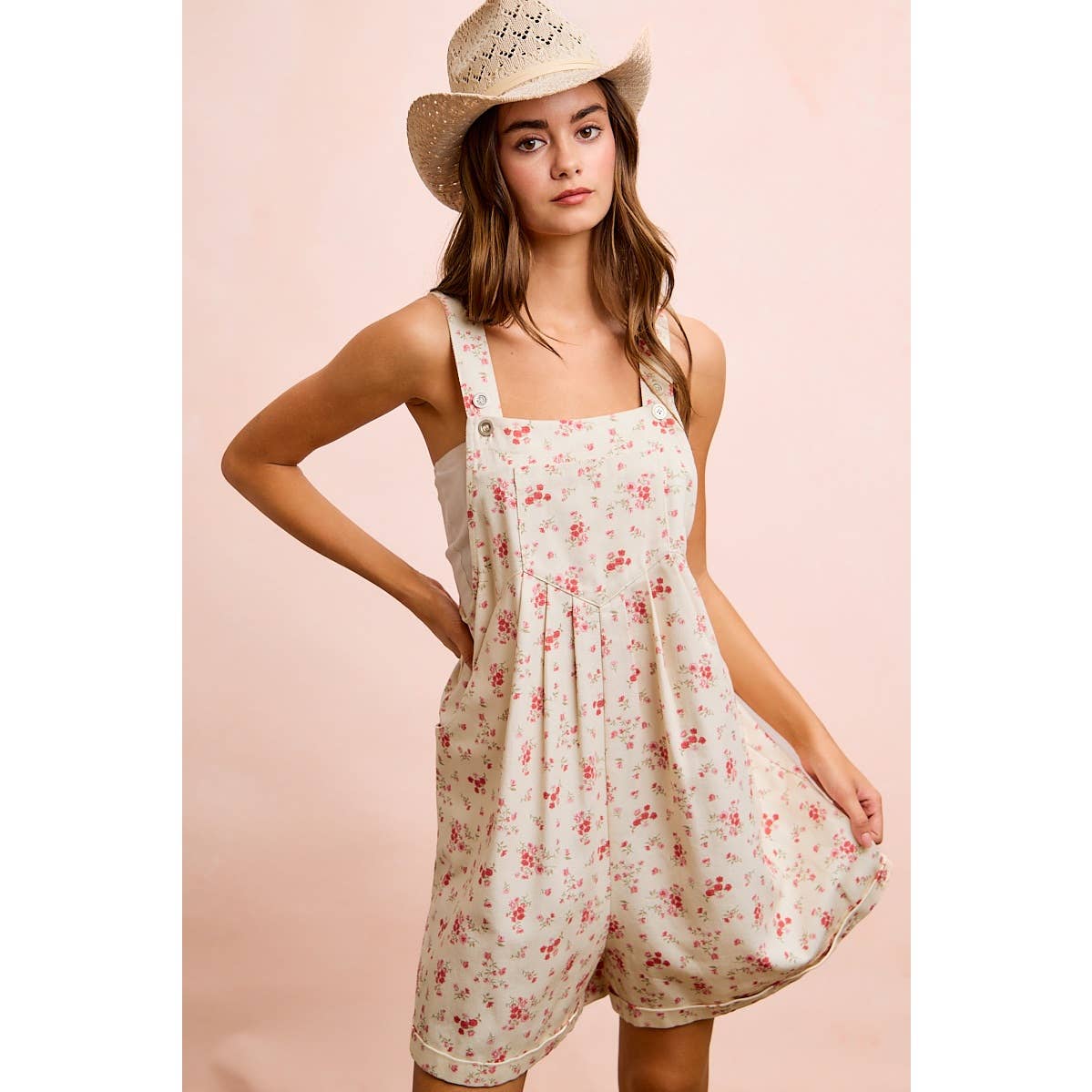 FLORAL TWILL PRINTED CHEST POCKET DETAIL SHORTALL: CREAM/PINK