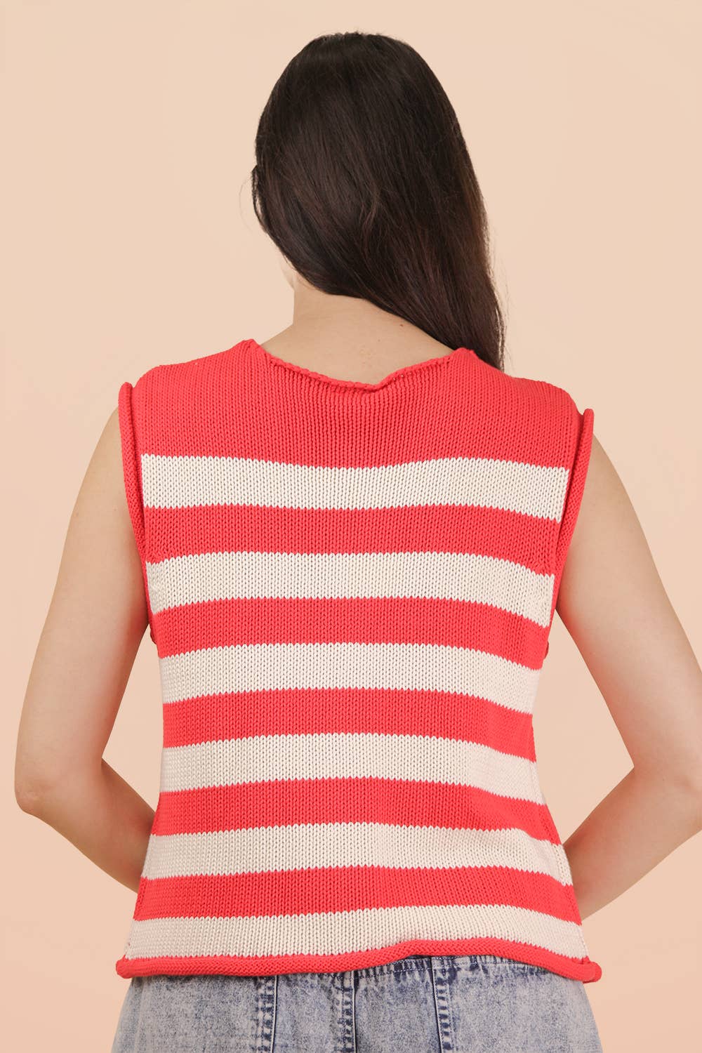 12W3634N-Stripe Button Down Knit Sweater Top: RED / S-M-L/2-2-2 Red