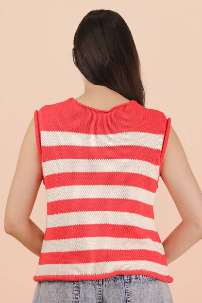 12W3634N-Stripe Button Down Knit Sweater Top: RED / S-M-L/2-2-2 Red