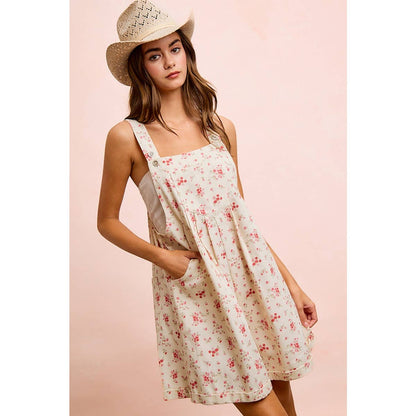 FLORAL TWILL PRINTED CHEST POCKET DETAIL SHORTALL: CREAM/PINK