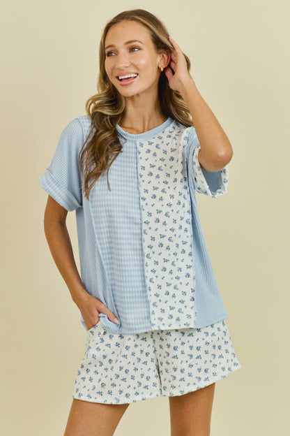 LMT4926-Gingham blossoms ribbed shirt: LT BLUE