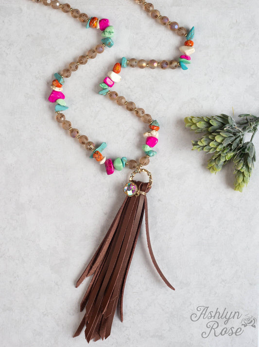 Colorfully Western Tassel Necklace with Multi Colored Stones: Multi / One Size