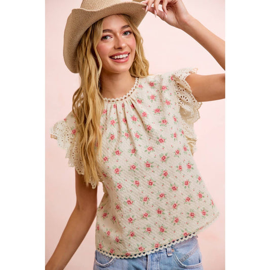 FLOWER PRINTED LACE TRIM EDGE DETAIL BLOUSE TOP: RED FLOWER