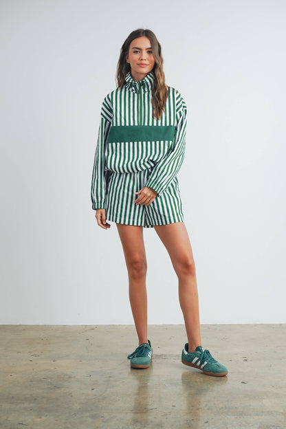 Striped Drawstring Pocket Boxer Shorts - BMP7534: GREEN / IVORY