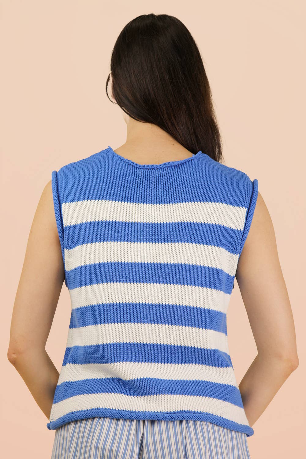 12W3634N-Stripe Button Down Knit Sweater Top: BLUE / S-M-L/2-2-2