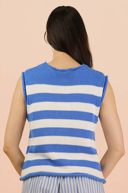 12W3634N-Stripe Button Down Knit Sweater Top: BLUE / S-M-L/2-2-2