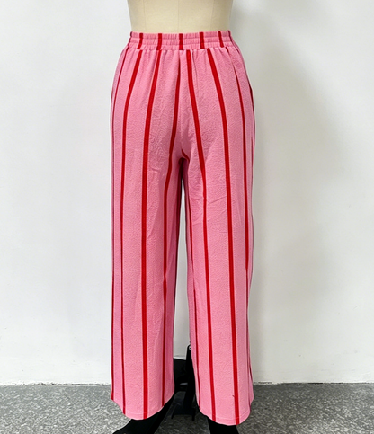 Vacation Texture Color Block Striped Wide Leg Pants: Pink