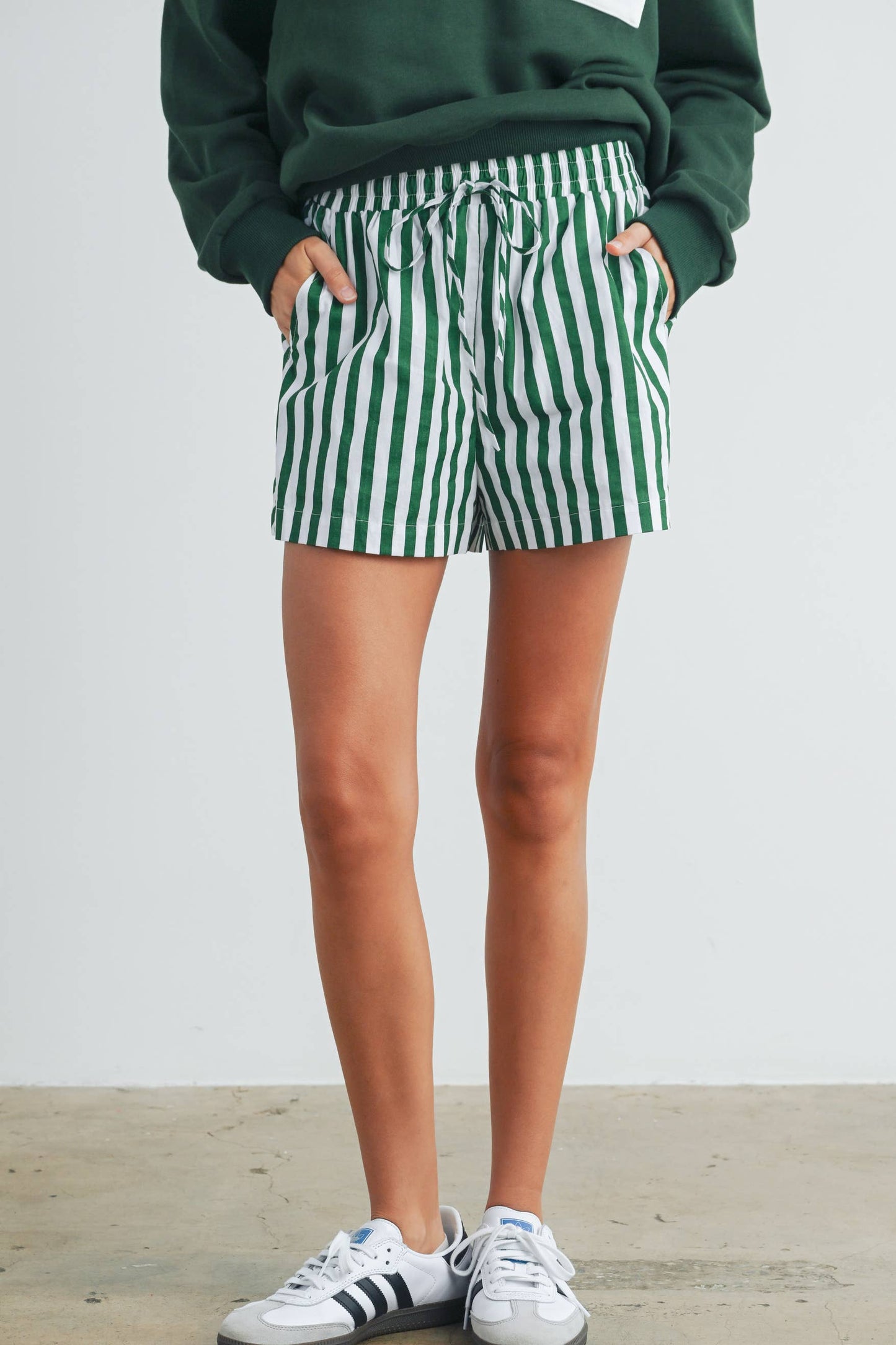 Striped Drawstring Pocket Boxer Shorts - BMP7534: GREEN / IVORY