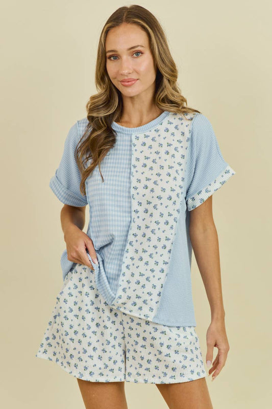 LMT4926-Gingham blossoms ribbed shirt: LT BLUE