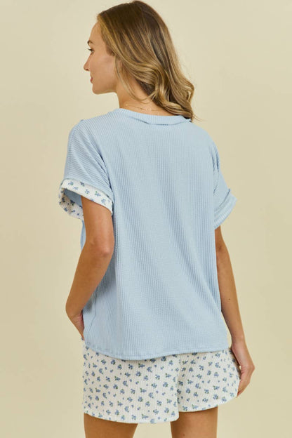 LMT4926-Gingham blossoms ribbed shirt: LT BLUE