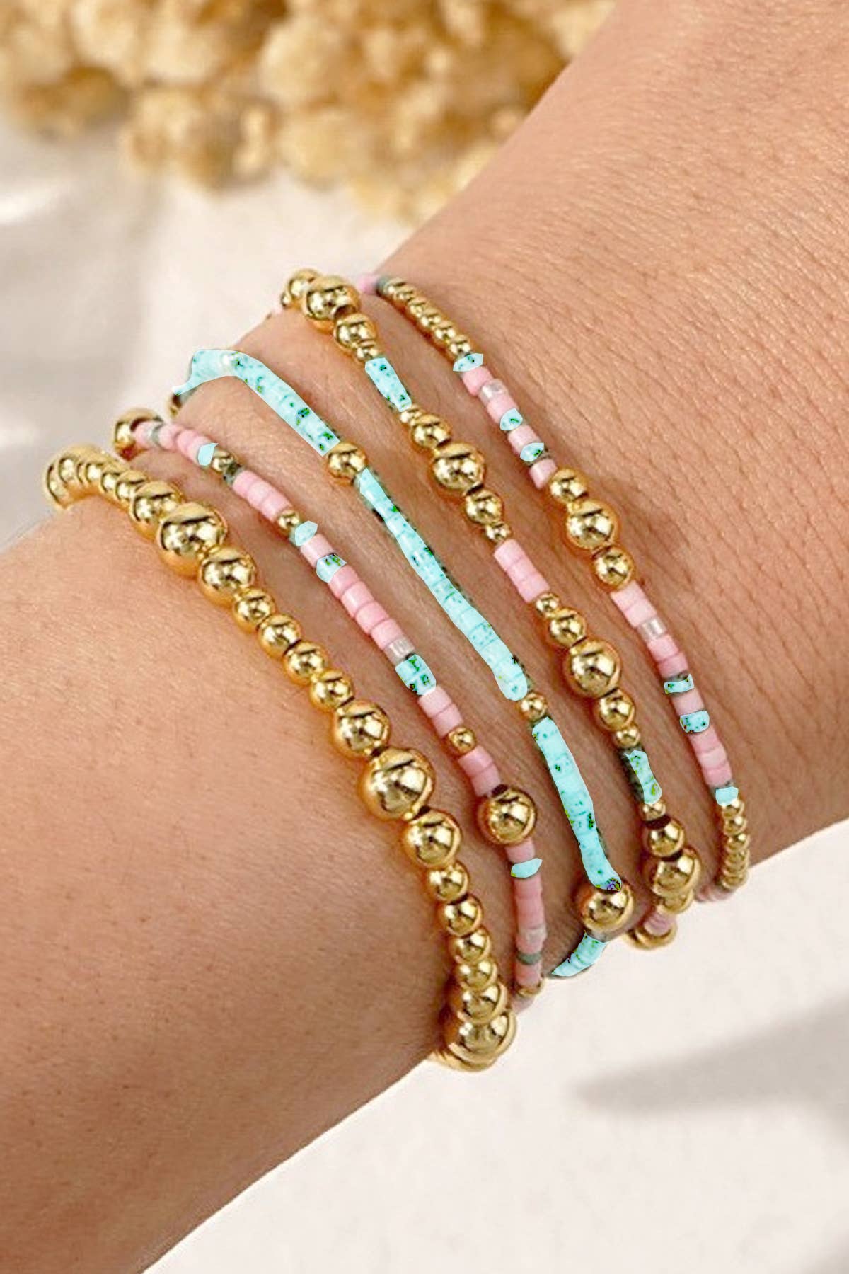 MULTI LAYER NATURAL STONE BALL CHAIN LINK BRACELET | 40B5182: MULTI