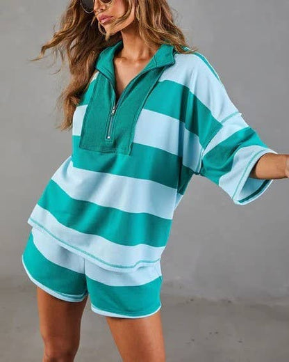 Contrast Trim Half Zip Striped Top Casual Shorts 2pcs Set: Green