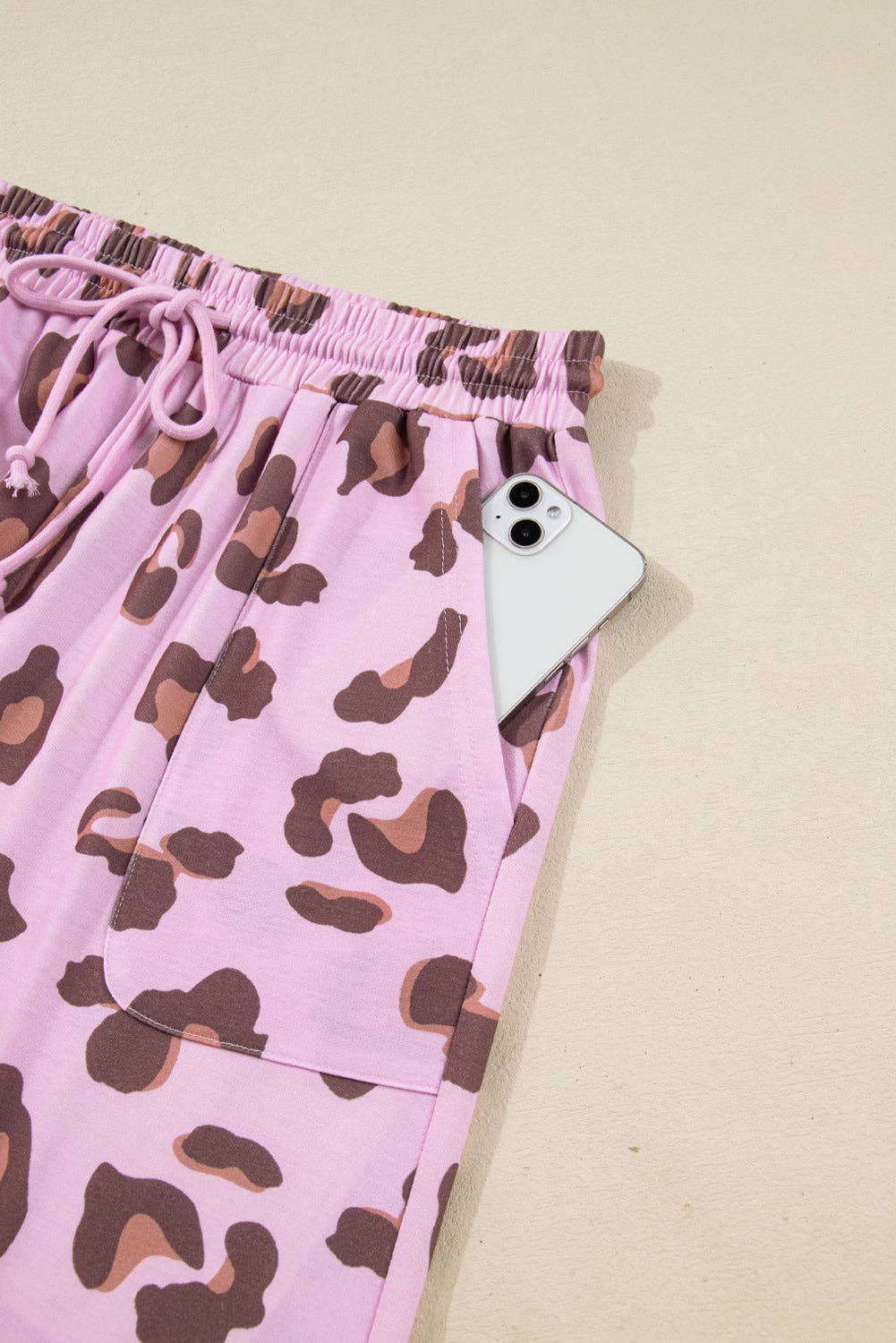 Pink Drawstring Leopard Print Patch Pocket Loose Pants: Pink / 95%Polyester+5%Elastane