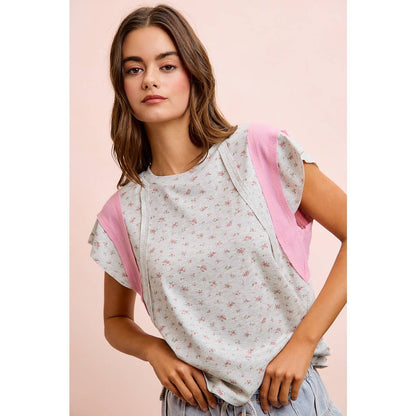 FLORAL RIB CUT EDGE DETAIL SHORT SLEEVES TOP: H Blush