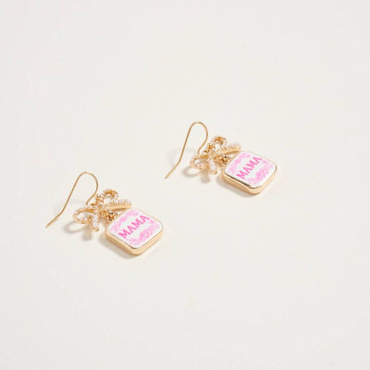 1.25 Inch Mama Enamel Charm Pearl Ribbon Earrings: Blue / ONE