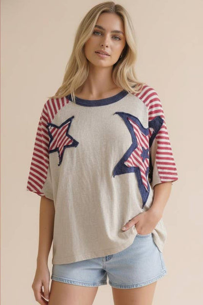 Plus Oversized Star Patch Stripe Color Block Top: Oatmeal/Red/Navy /