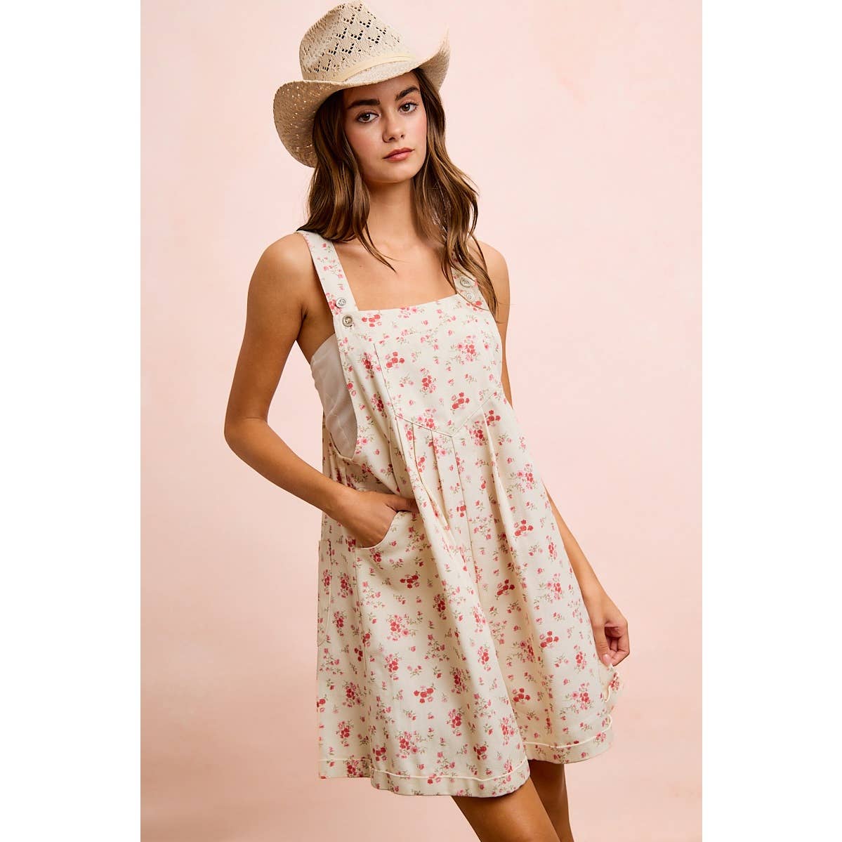 FLORAL TWILL PRINTED CHEST POCKET DETAIL SHORTALL: CREAM/PINK