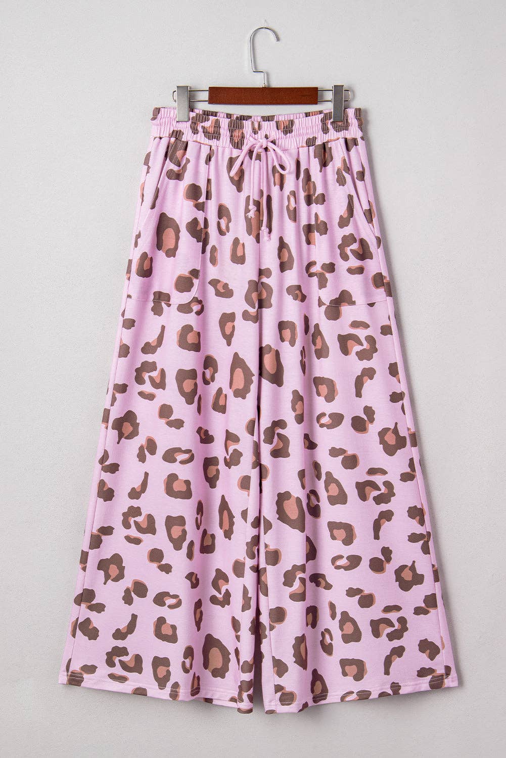 Pink Drawstring Leopard Print Patch Pocket Loose Pants: Pink / 95%Polyester+5%Elastane