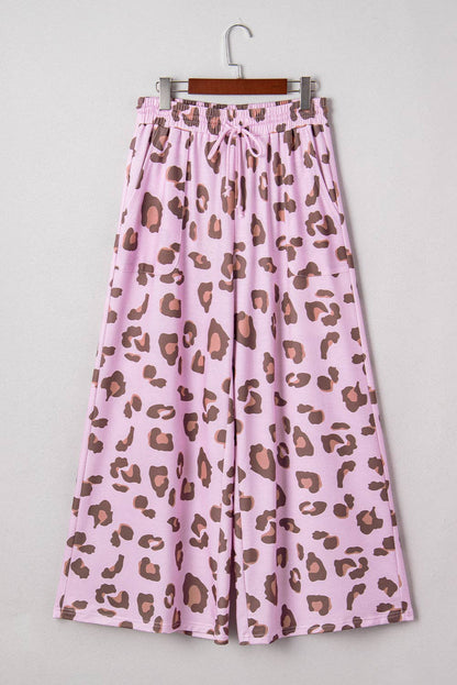 Pink Drawstring Leopard Print Patch Pocket Loose Pants: Pink / 95%Polyester+5%Elastane