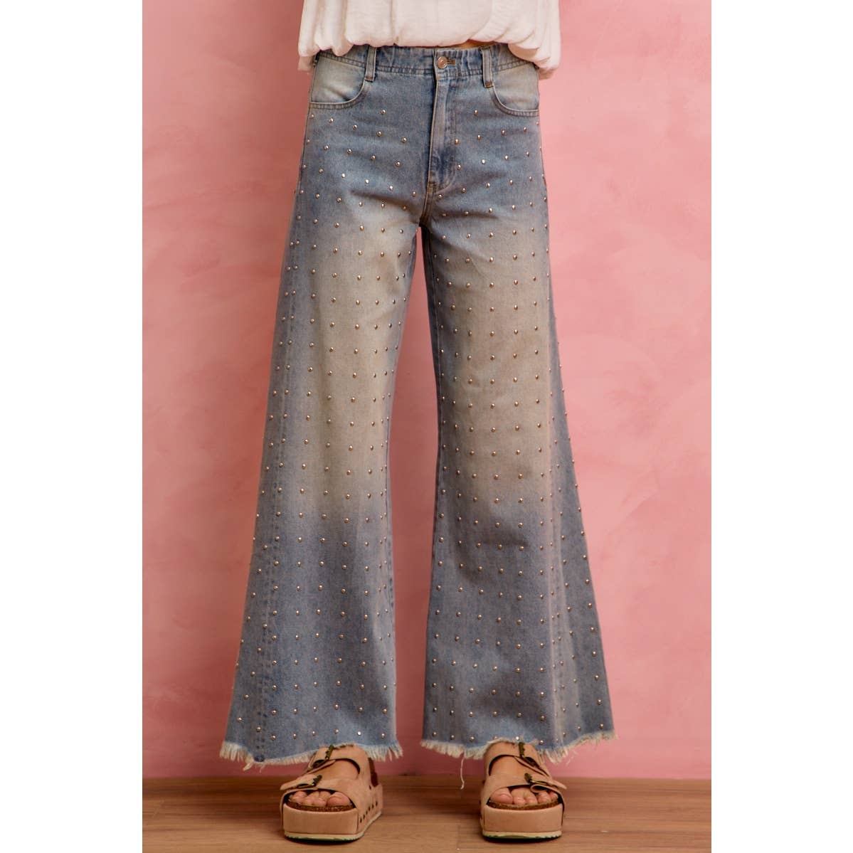 MID RISE WIDE LEG EMBELLISHED JEANS DENIM PANTS: DENIM / S