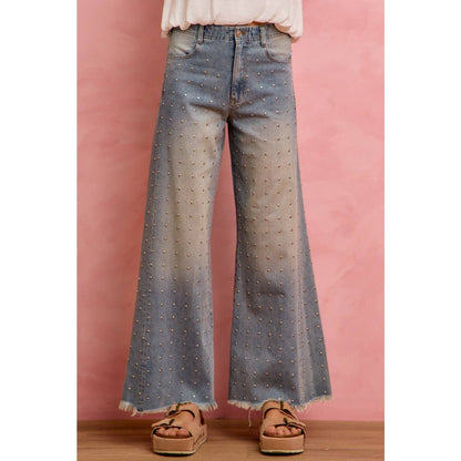 MID RISE WIDE LEG EMBELLISHED JEANS DENIM PANTS: DENIM / S