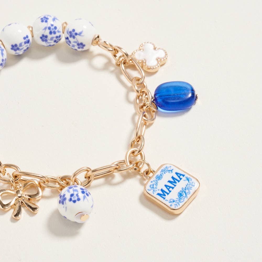 7.25 Inch Ceramic Floral Bead Mama Charm Bracelet: Blue / ONE