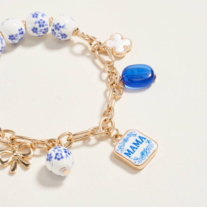 7.25 Inch Ceramic Floral Bead Mama Charm Bracelet: Blue / ONE
