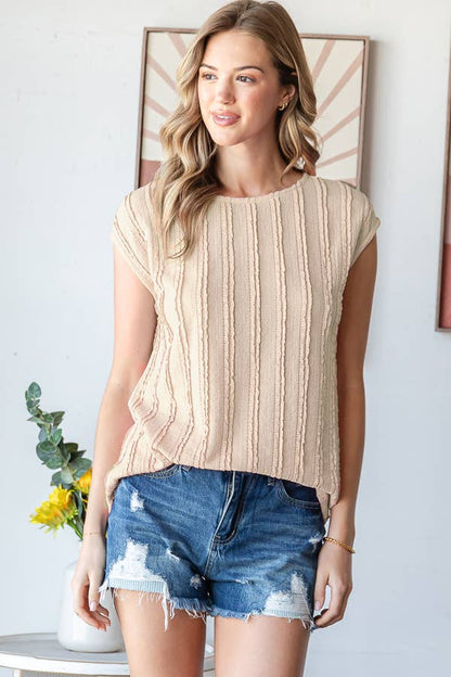 Lightweight Stripe Textured Cap Sleeves Blouse T5948: Pink