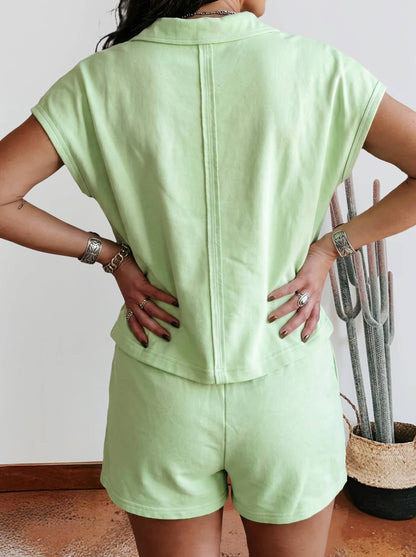 Summer Solid Loose Polo Tee Elastic Waist 2pcs Short Set: Yellow Cream / S