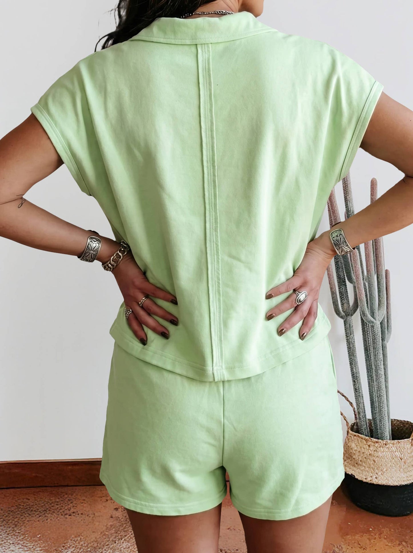 Summer Solid Loose Polo Tee Elastic Waist 2pcs Short Set: Green / S