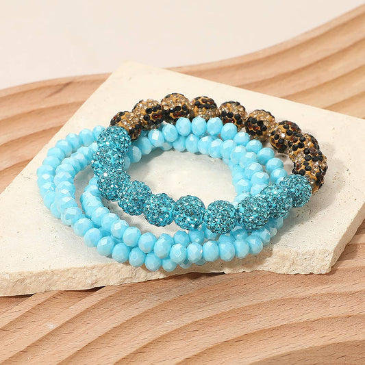 4PCS - Shamballa Ball Faceted Beaded Stretch Multi Layered Bracelets: Turquoise