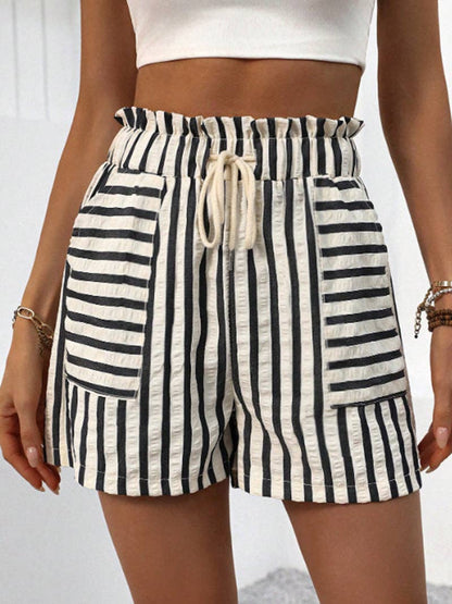 High-Waisted Drawstring Striped Shorts: WHITE