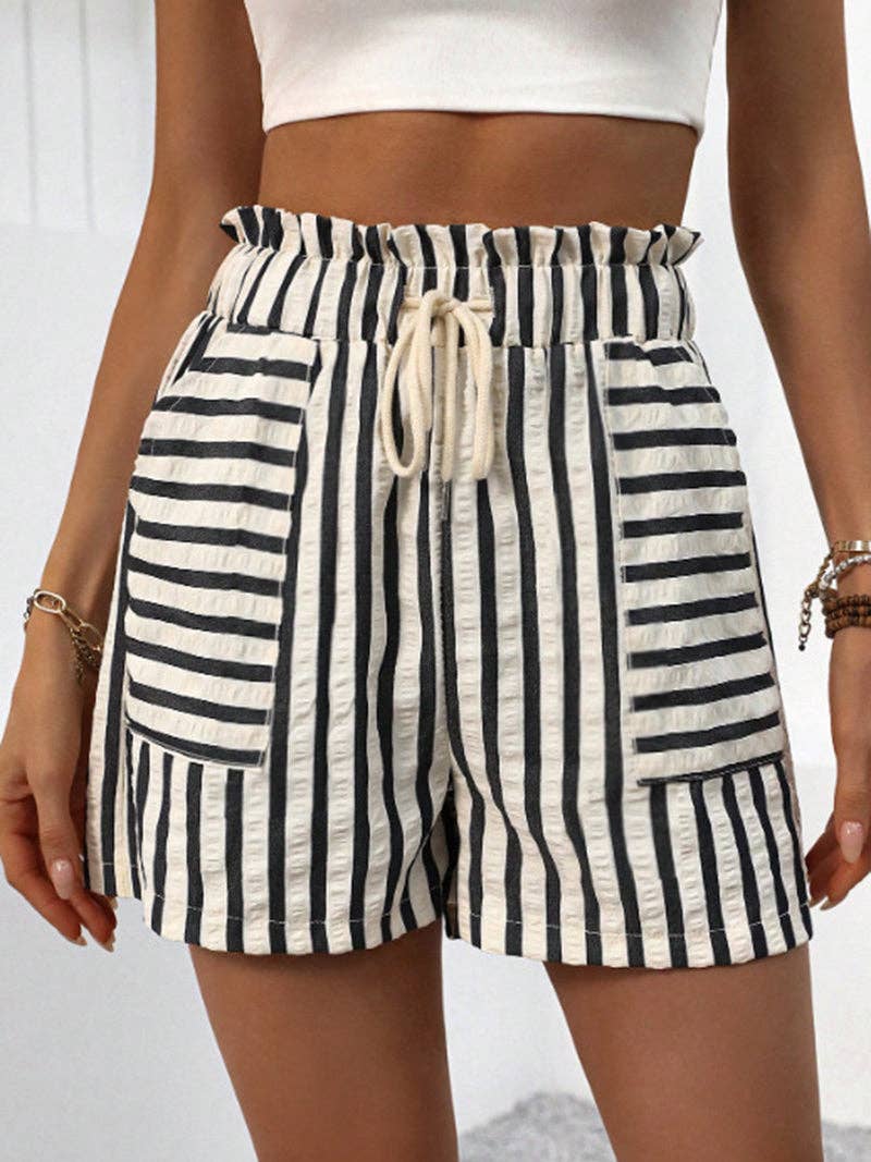 High-Waisted Drawstring Striped Shorts: WHITE