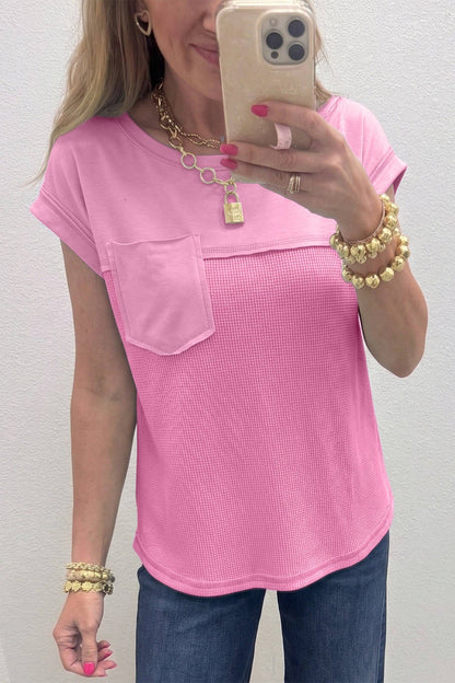 Pink Solid Color Raw Seam Waffled Patchwork Casual T Shirt: Pink / 75%Polyester+25%Cotton