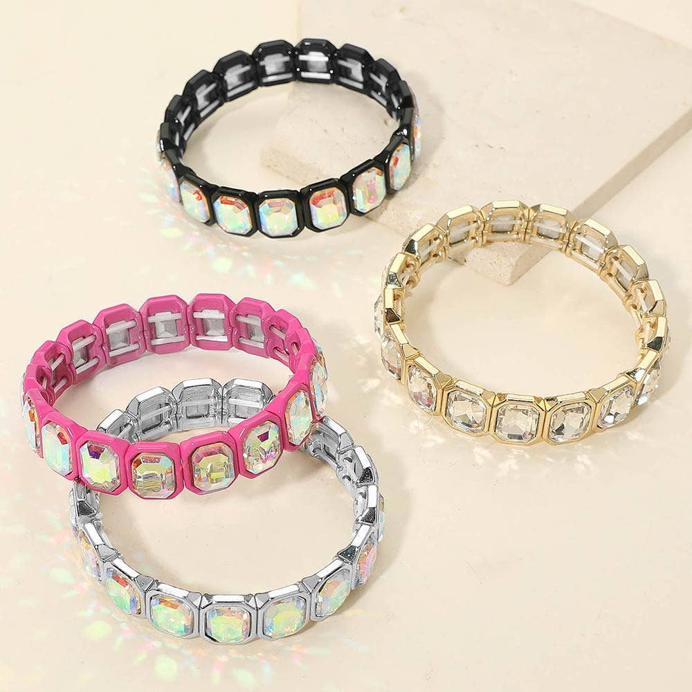 Rectangular Stone Frame Beaded Stretch Bracelet: Clear,Rhodium