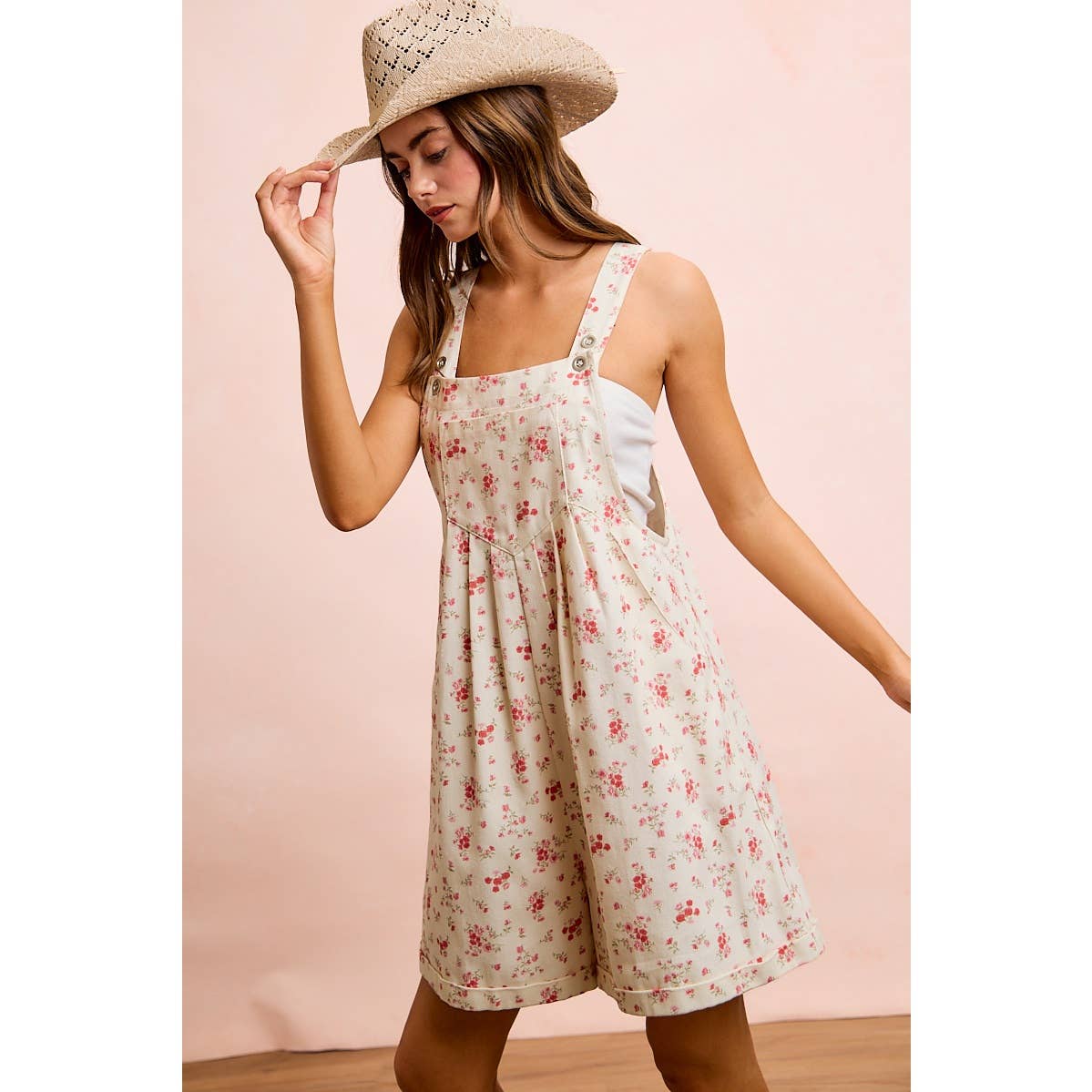 FLORAL TWILL PRINTED CHEST POCKET DETAIL SHORTALL: CREAM/PINK