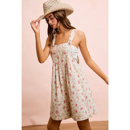 FLORAL TWILL PRINTED CHEST POCKET DETAIL SHORTALL: CREAM/PINK