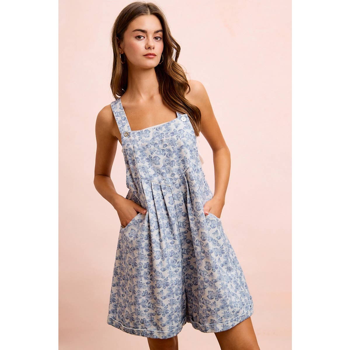 WASHED TWILL FLOWER PRINTED SHORTALL WITH POCKETS: DENIM