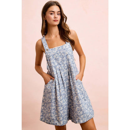 WASHED TWILL FLOWER PRINTED SHORTALL WITH POCKETS: DENIM