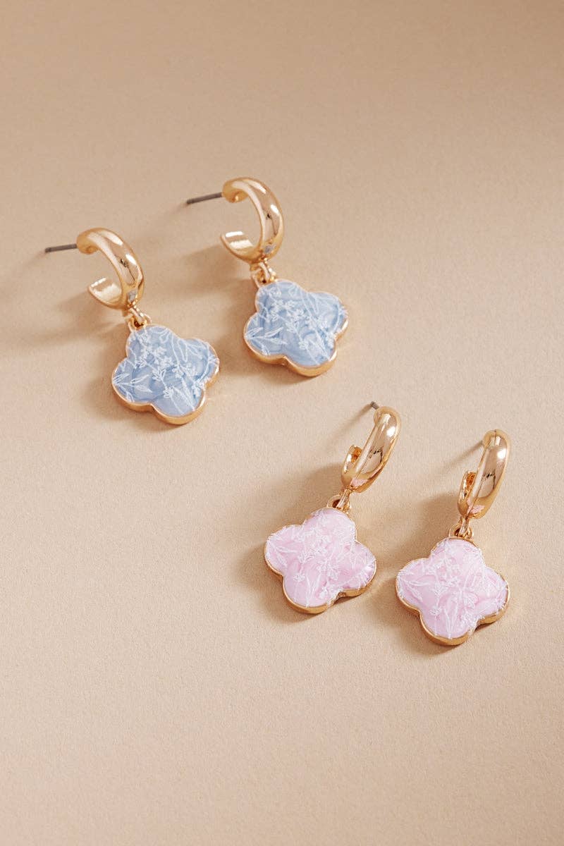 Floral Print Enameled Clover Charm Post Earrings: LBL / ONE